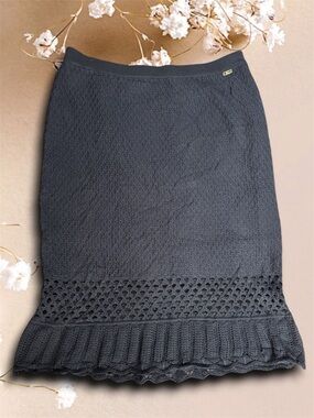 St. John Sport Black Crochet Knit Stretch Wool Pencil Skirt sz 14